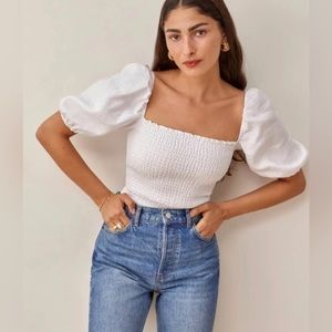 Reformation Tops | Reformation Mulberry White Smocked Linen Top Elbow Leather